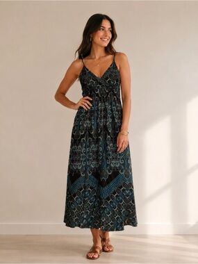 INC International Concepts Black and Blue Paisley V-Neck Maxi Dress